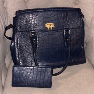 Luxurious Navy Faux Leather Crocodile-Embossed Wallet and Shoulder Bag Set